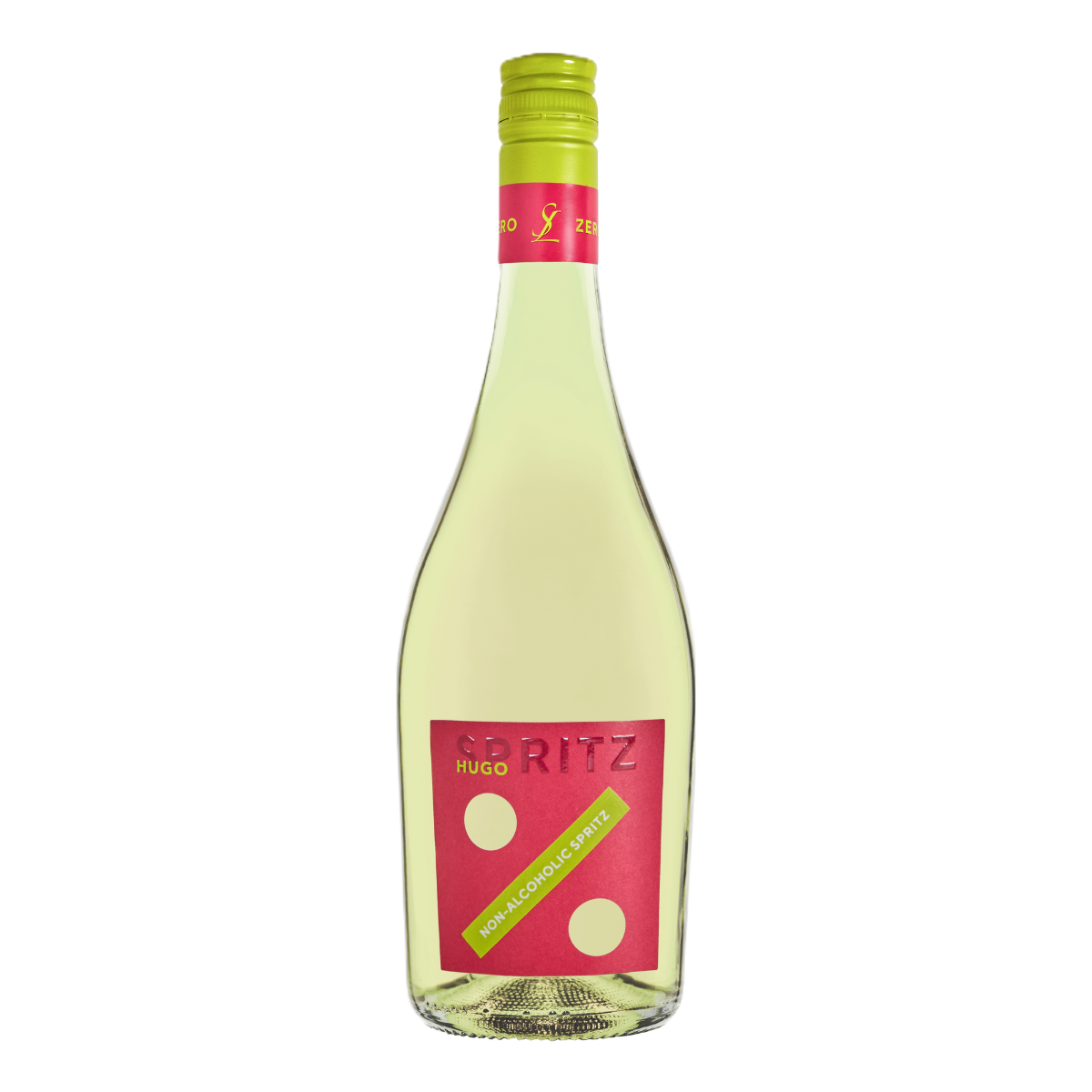 Bottiglia di Hugo Spritz analcolico ready-to-drink, aperitivo frizzante senza alcol ispirato al classico cocktail altoatesino.